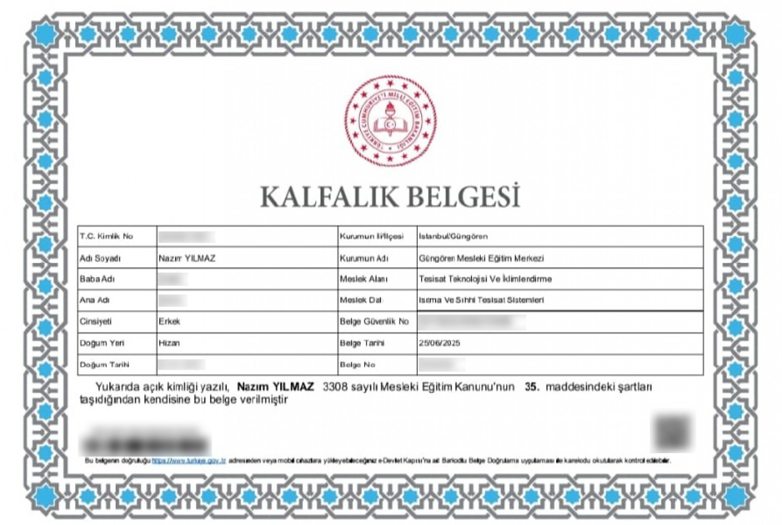 Bağcılar Yılmaz Tesisat Kalfalık Belgesi – Resmi Yetkili Tesisat Ustası
